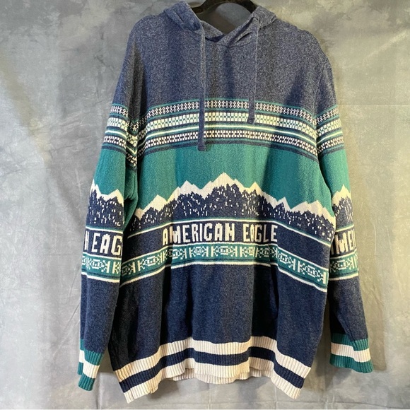 American Eagle Outfitters Other - American Eagle Pullover Hoodie Mens XXL Knit Sweater Fair Isle Spellout Blue